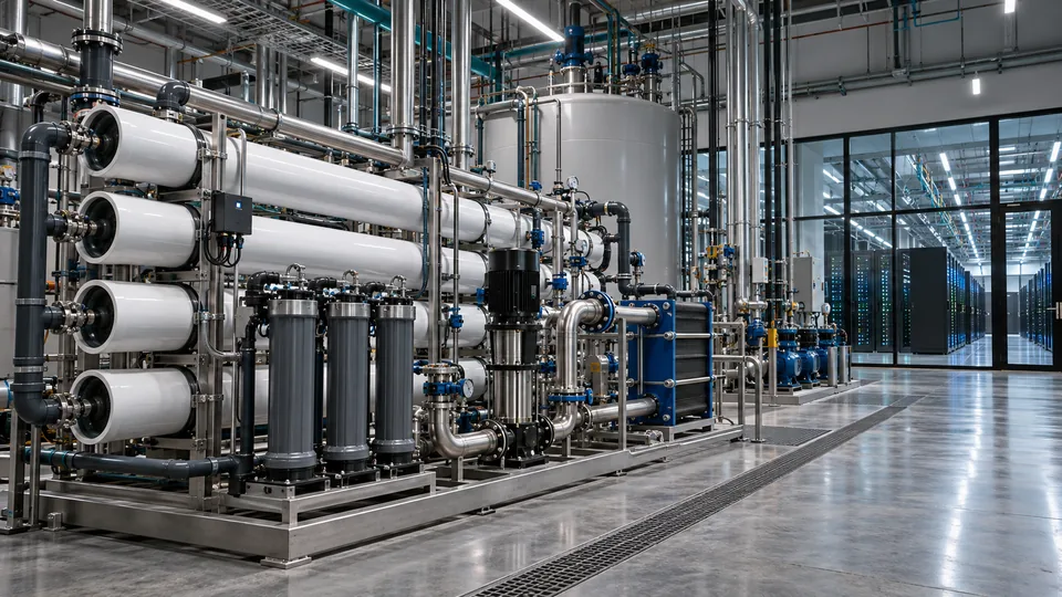 Large water treatment equipment with white membrane filter vessels, blue pumps and steel pipework inside a data center, with rows of server racks behind a glass wall.