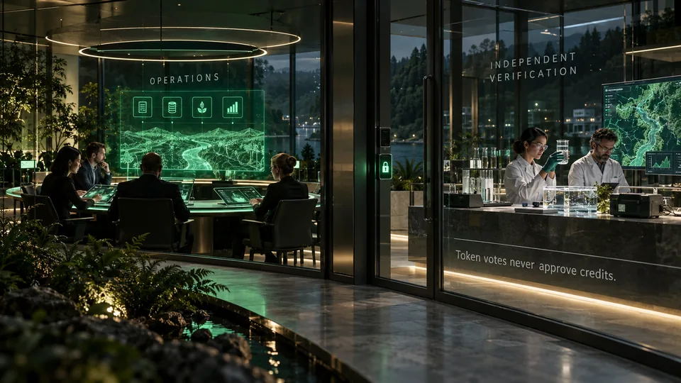 Two rooms separated by a glass wall: an operations team meeting around a table on one side, and scientists working at a laboratory bench under an independent verification sign on the other.