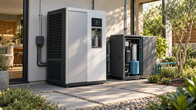 An atmospheric water generator with a dispensing panel and a compact treatment unit installed on a patio outside a home.
