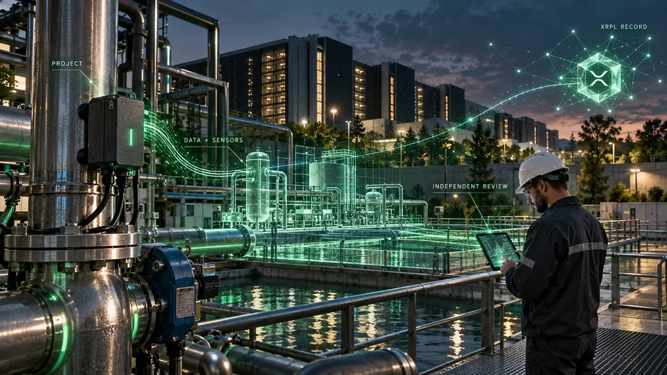 A water treatment site at dusk with pipework and a sensor box, glowing lines tracing data from the equipment to a technician reviewing a tablet and on to a digital record icon above the skyline.