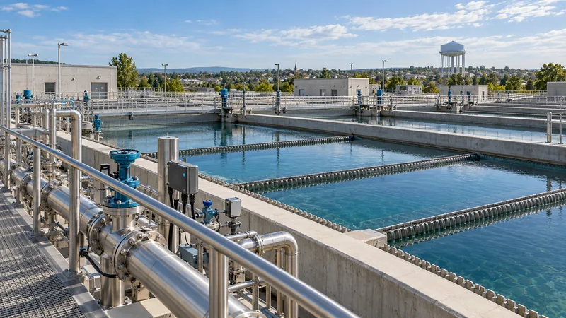 Open treatment basins and stainless steel pipework at a municipal water treatment facility, with a water tower in the distance.