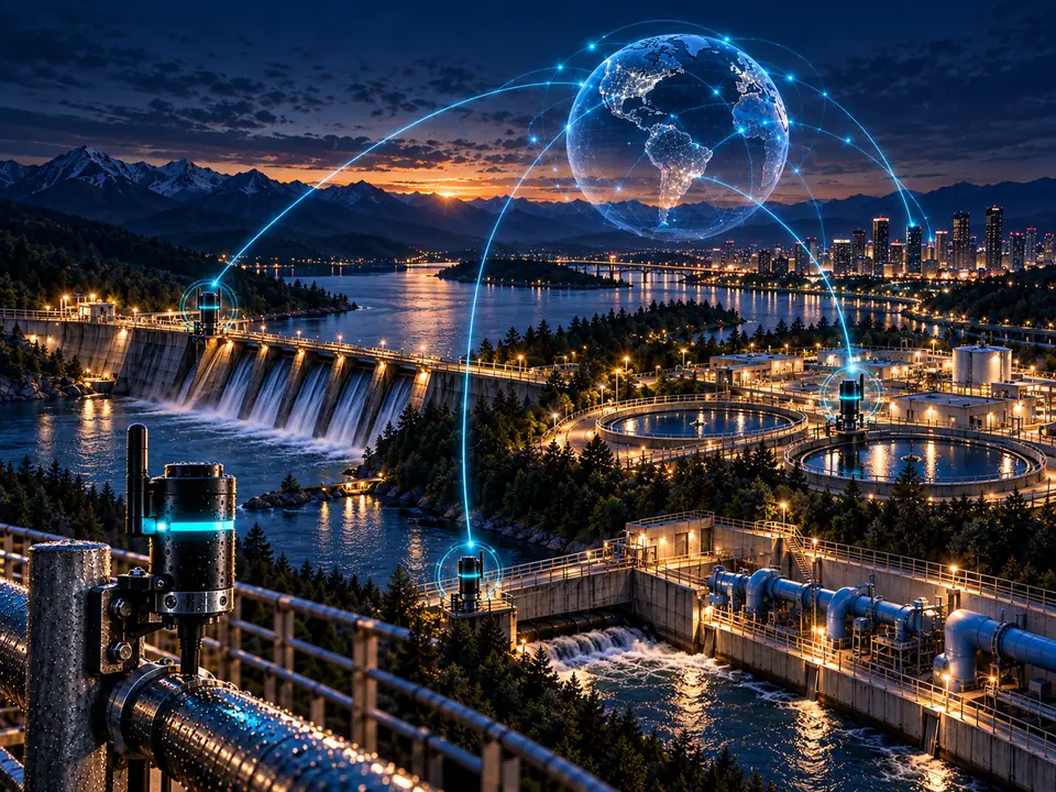 A dam, a treatment plant and a city, with several sensors connected through a round globe.