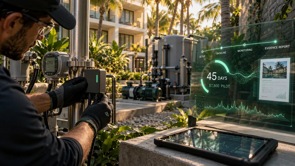 A technician fitting a sensor to water equipment at a landscaped property, beside a transparent display showing a 45-day pilot timeline from setup and baseline to monitoring and an evidence report.