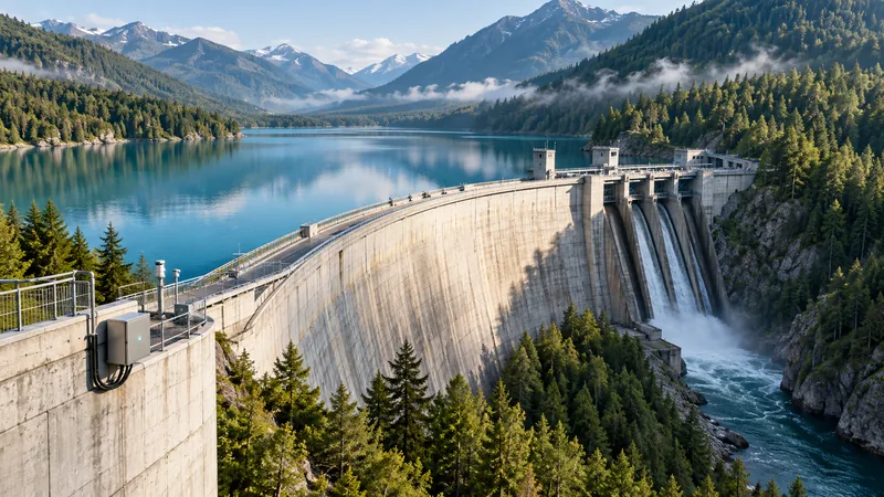 A concrete dam releasing water below a forested mountain reservoir, with a small monitoring enclosure on the dam wall.