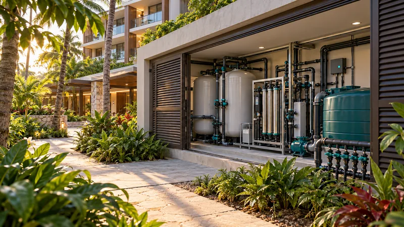 An on-site water system with filter vessels, pipework and a storage tank in an open equipment room beside a landscaped resort walkway.