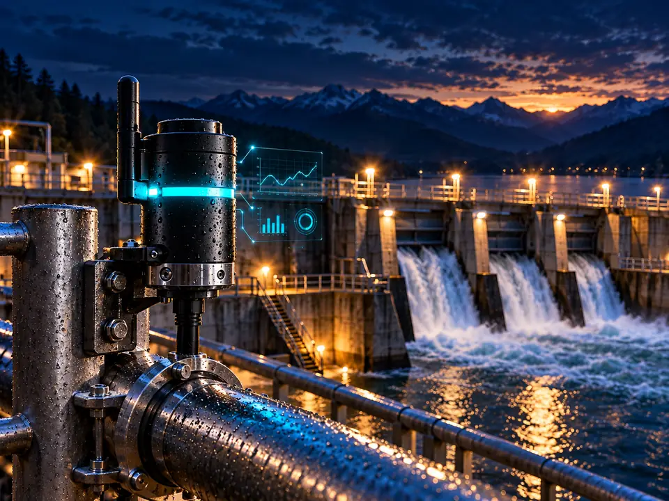 Close view of a sensor mounted on a dam above a reservoir, with a small data display beside the device.