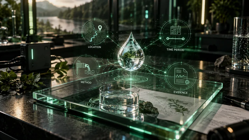 A glass water droplet above a lab bench, surrounded by four labeled icons for location, time period, method and evidence.